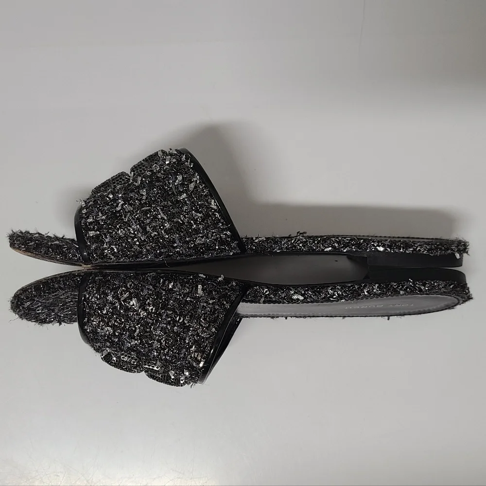 Tory Burch Eleanor Pavé Logo Slide Sandal in Silver Confetti/Perfect Black Sz 8
